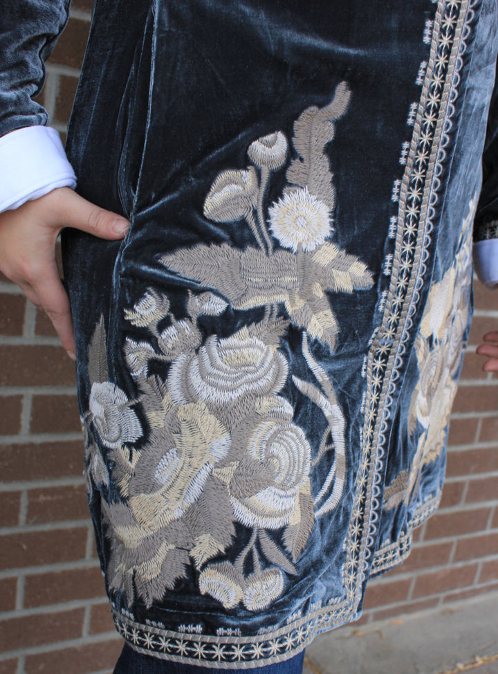 Velvet Coat with Embroidery - Seaweed
