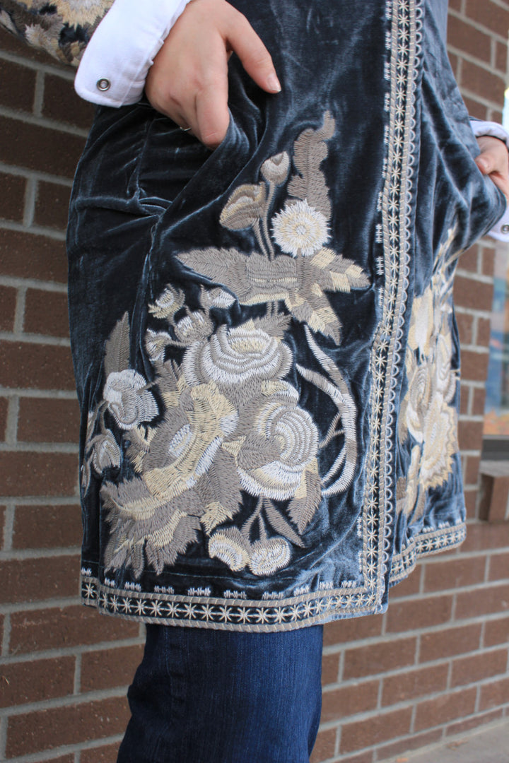 Velvet Coat with Embroidery - Seaweed