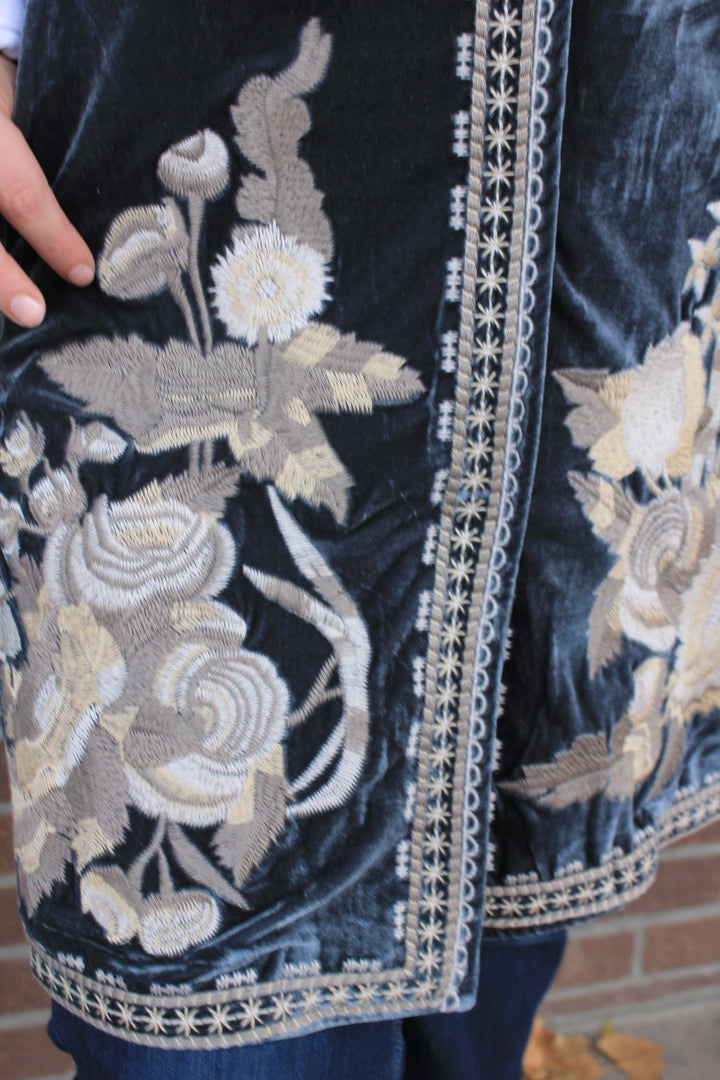 Velvet Coat with Embroidery - Seaweed