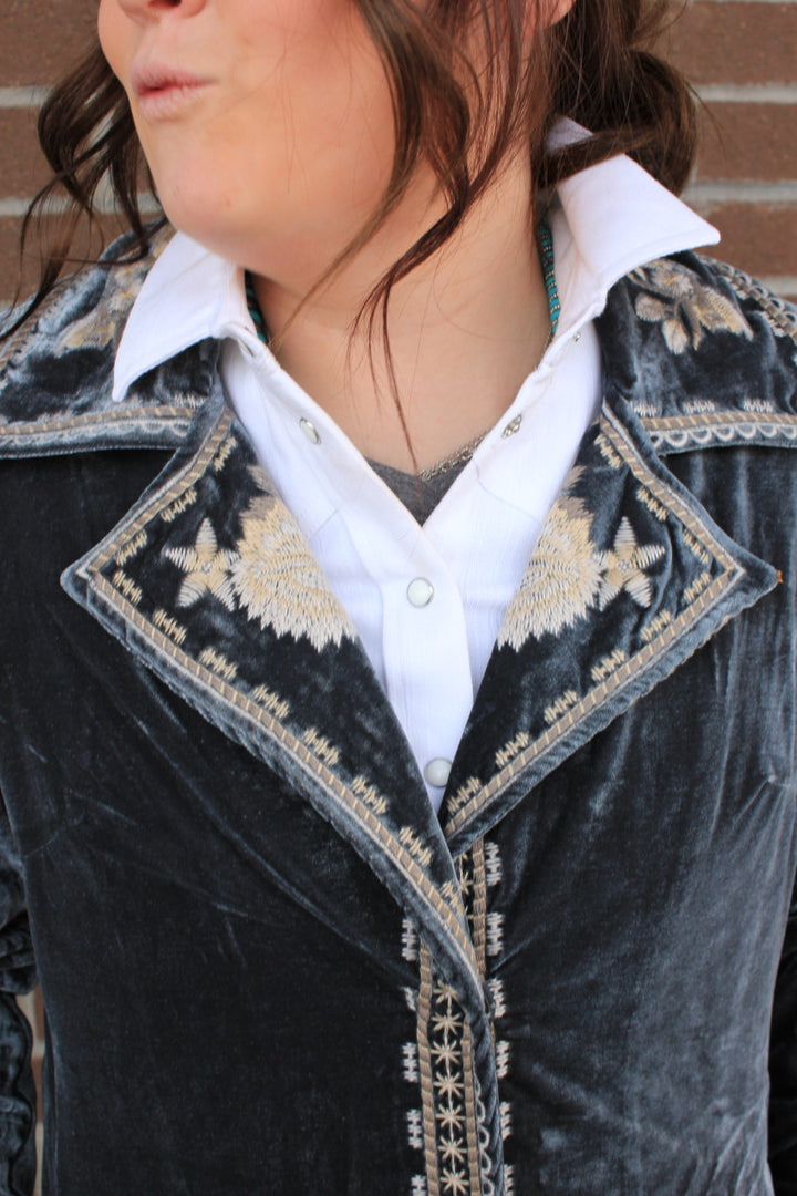 Velvet Coat with Embroidery - Seaweed