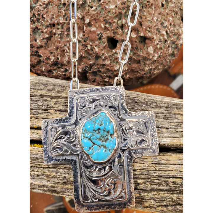 Sterling Silver Cross Necklace with Turquoise Stone