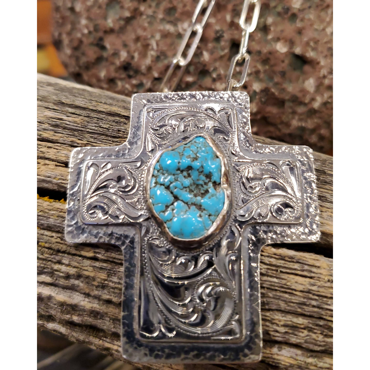 Sterling Silver Cross Necklace with Turquoise Stone