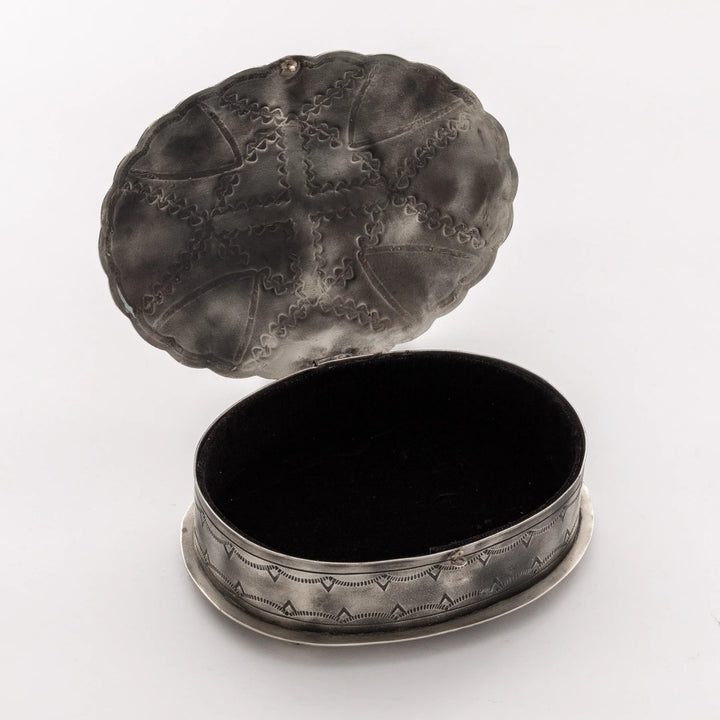 Oval Silver Stamped Box with Turquoise