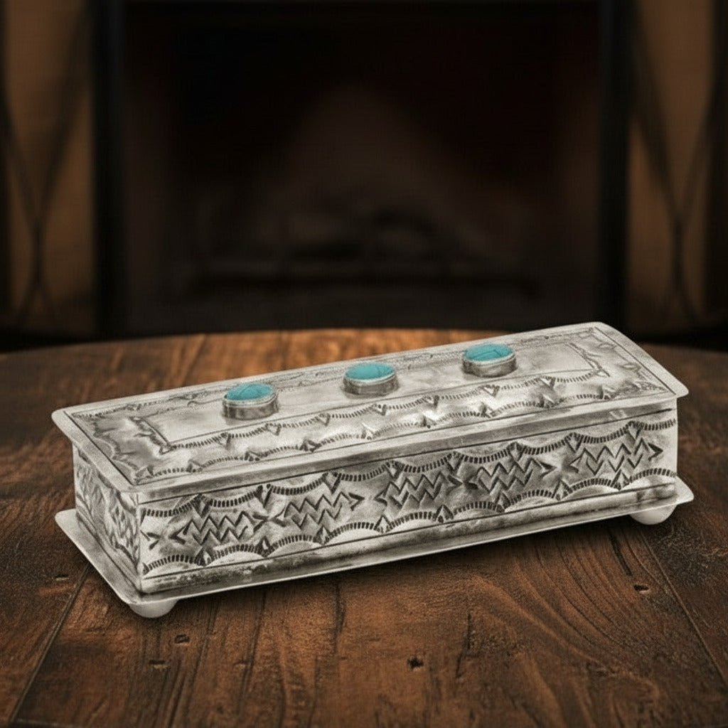 Custom Cowboy Shop - Hand stamped silver eyeglass case with turquoise stones