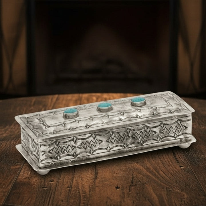 Custom Cowboy Shop - Hand stamped silver eyeglass case with turquoise stones