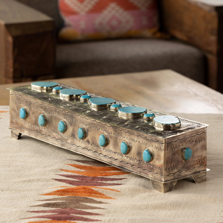 Large Silver Mantle Box with Turquoise
