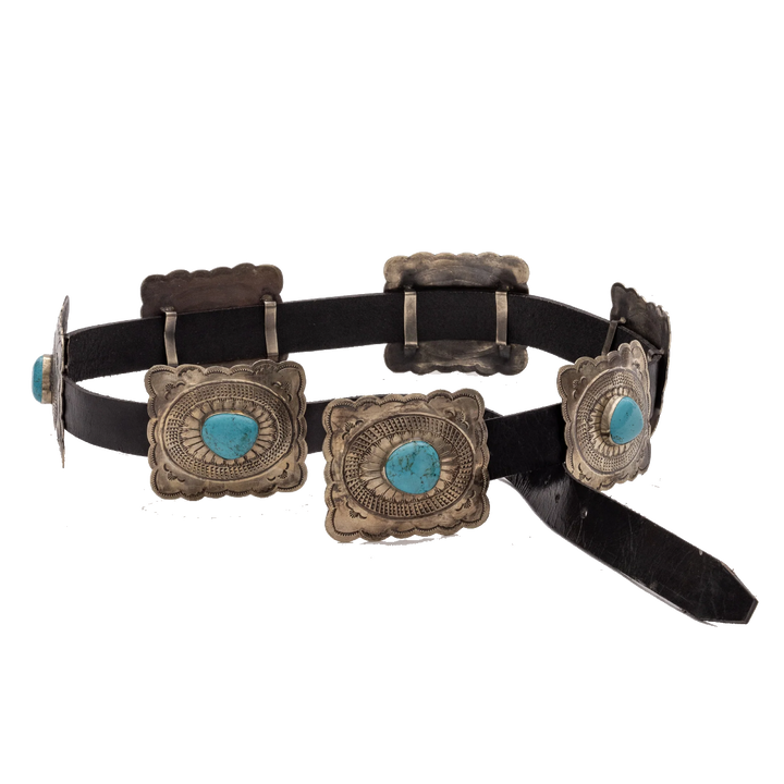 Fluted Concho Belt with Turquoise - Black