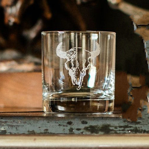 Buffalo Skull Etched Old Fashioned Whisky Glass