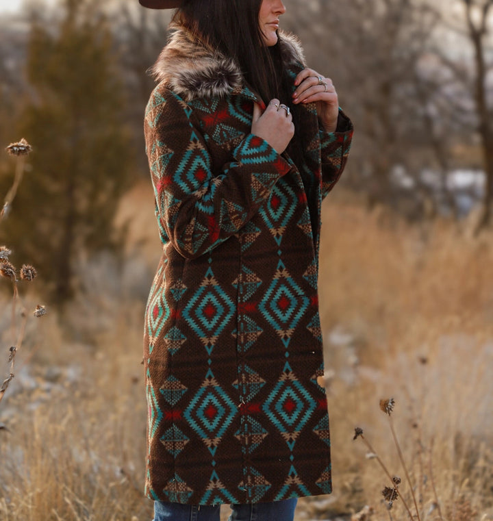 Long Aztec Jacket with Removable Fur Collar