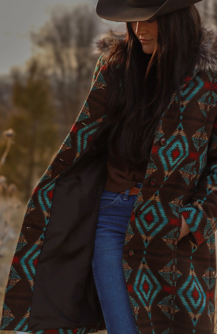 Long Aztec Jacket with Removable Fur Collar