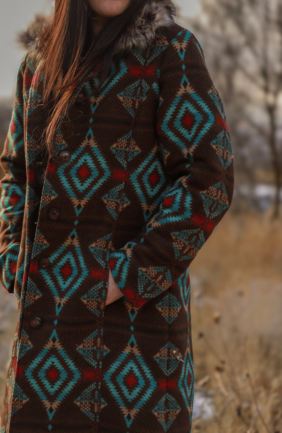 Long Aztec Jacket with Removable Fur Collar