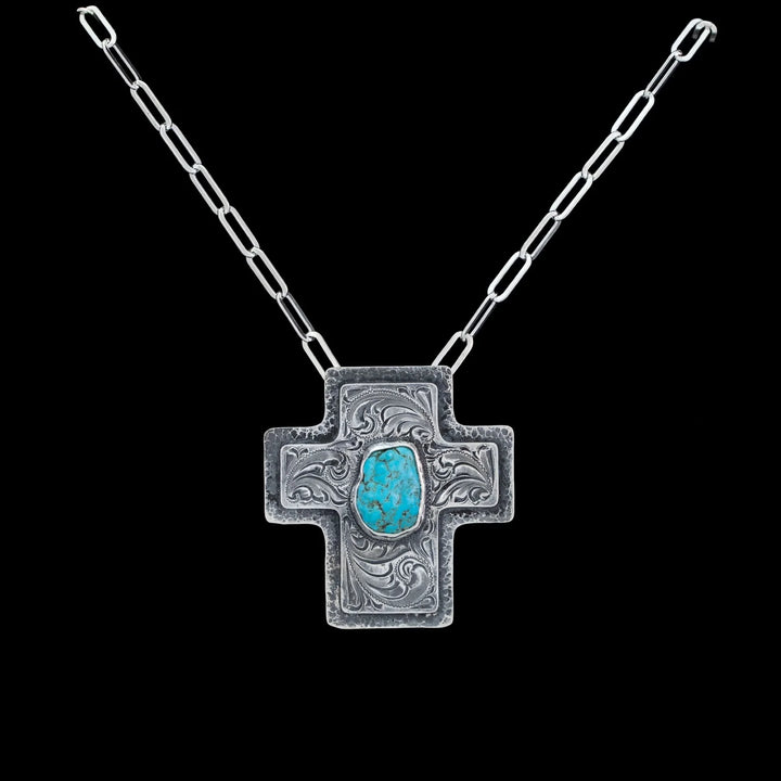 Sterling Silver Cross Necklace with Turquoise Stone