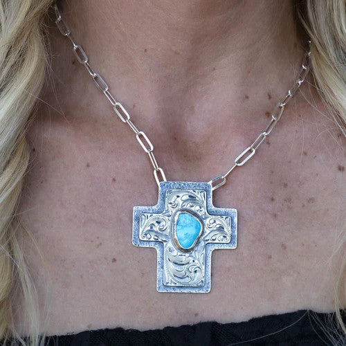 Sterling Silver Cross Necklace with Turquoise Stone