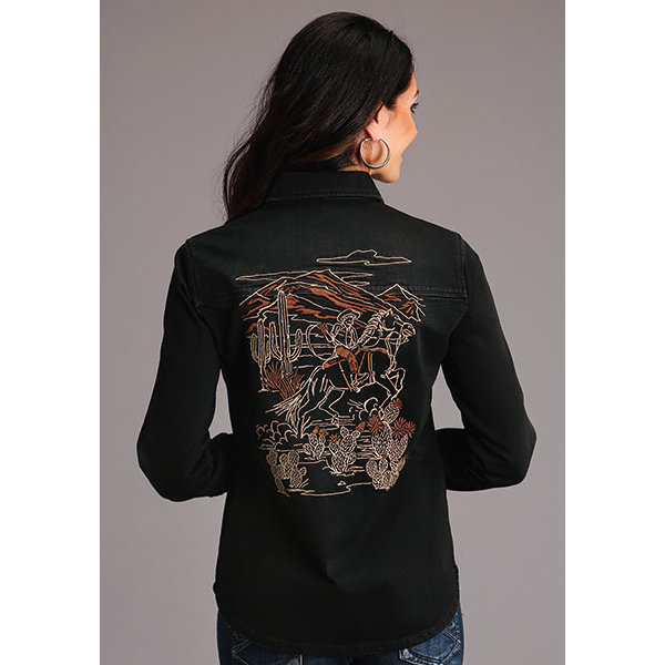 Black Denim Shirt with Back Embroidery