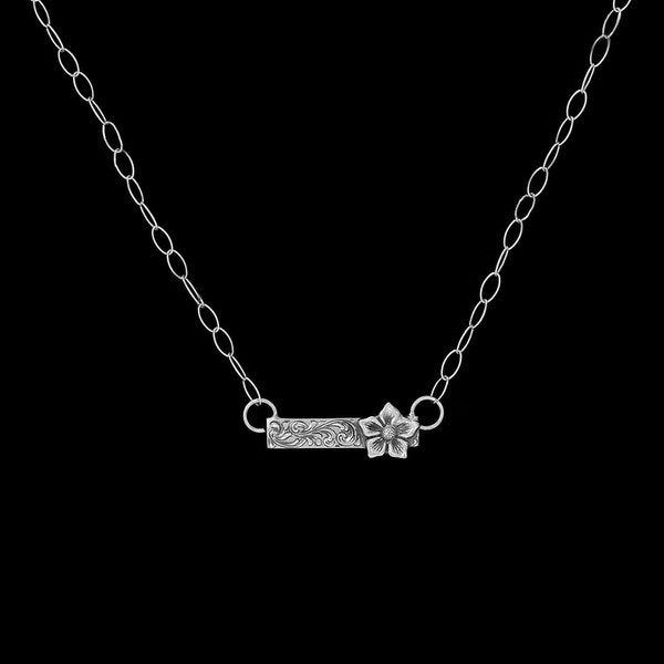 Sterling Silver Bar Necklace with Flower