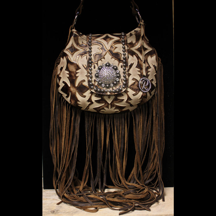 Brown and Cream Hobo Bag with Fringe