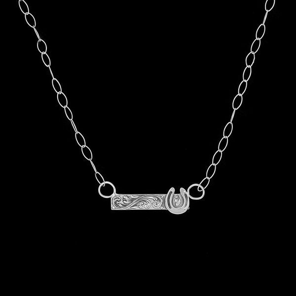 Sterling Bar Necklace with Lucky Horseshoe
