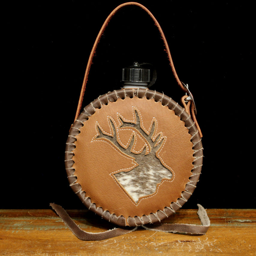 Leather Covered Canteen with Elk