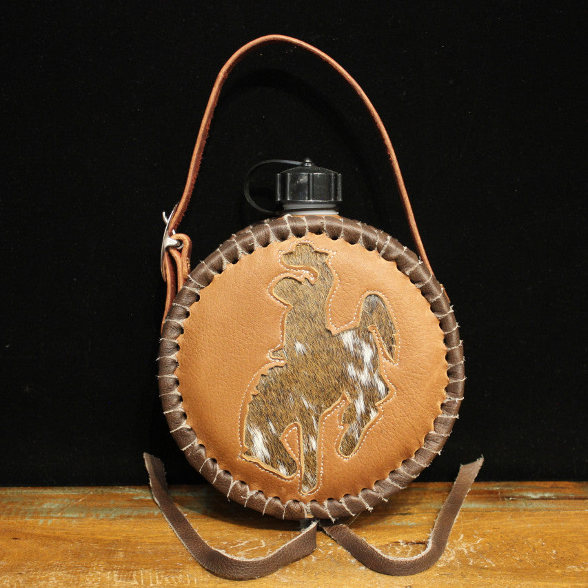 Leather Covered Canteen with Wyoming Bronc