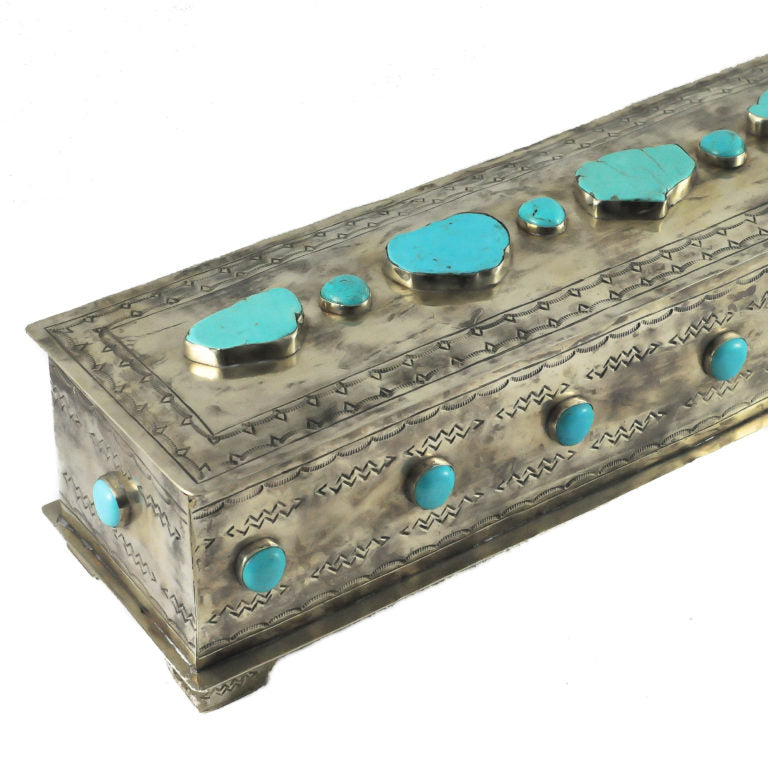 Large Silver Mantle Box with Turquoise