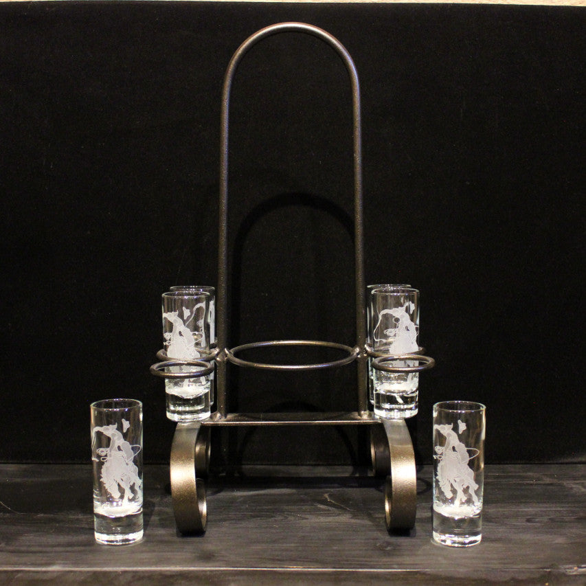 Metal Tequila Stand with Etched Shot Glasses