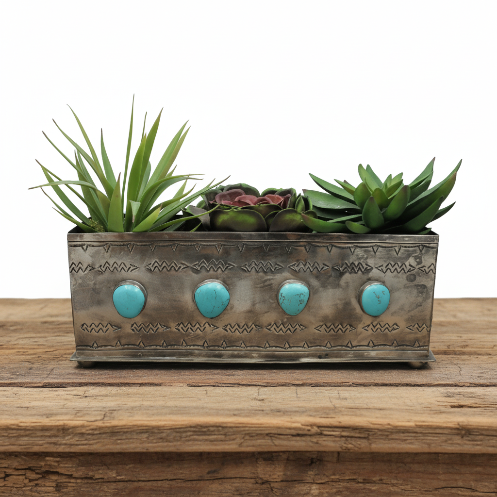 A silver planter box with turquoise stones, containing various plants.