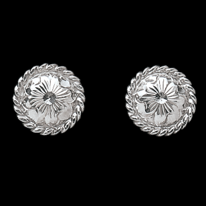 Hand-engraved sterling silver post back earrings with rope edge.