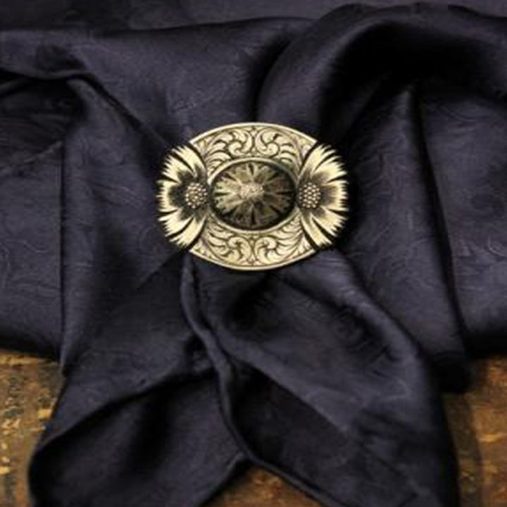 Bronze Scarf Slide pictured on a Navy Silk Wild Rag