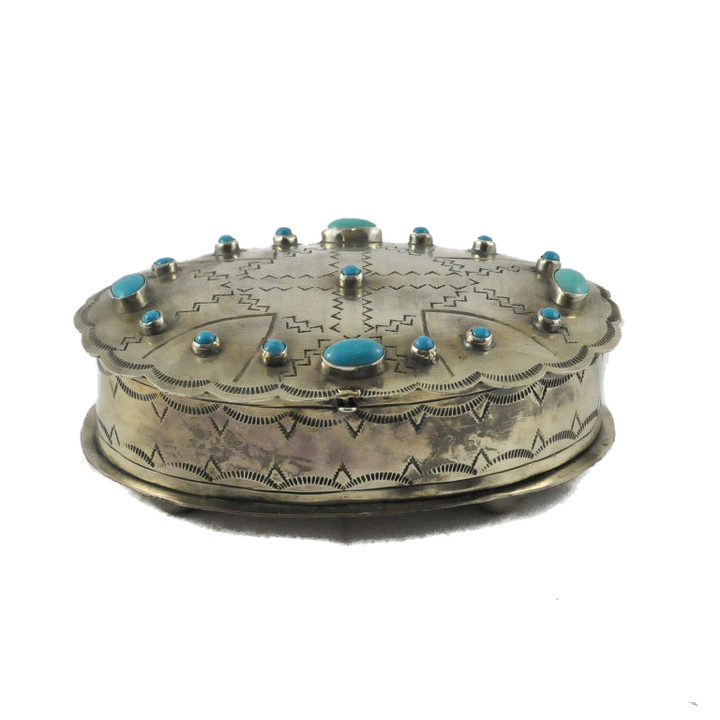 Oval Silver Stamped Box with Turquoise